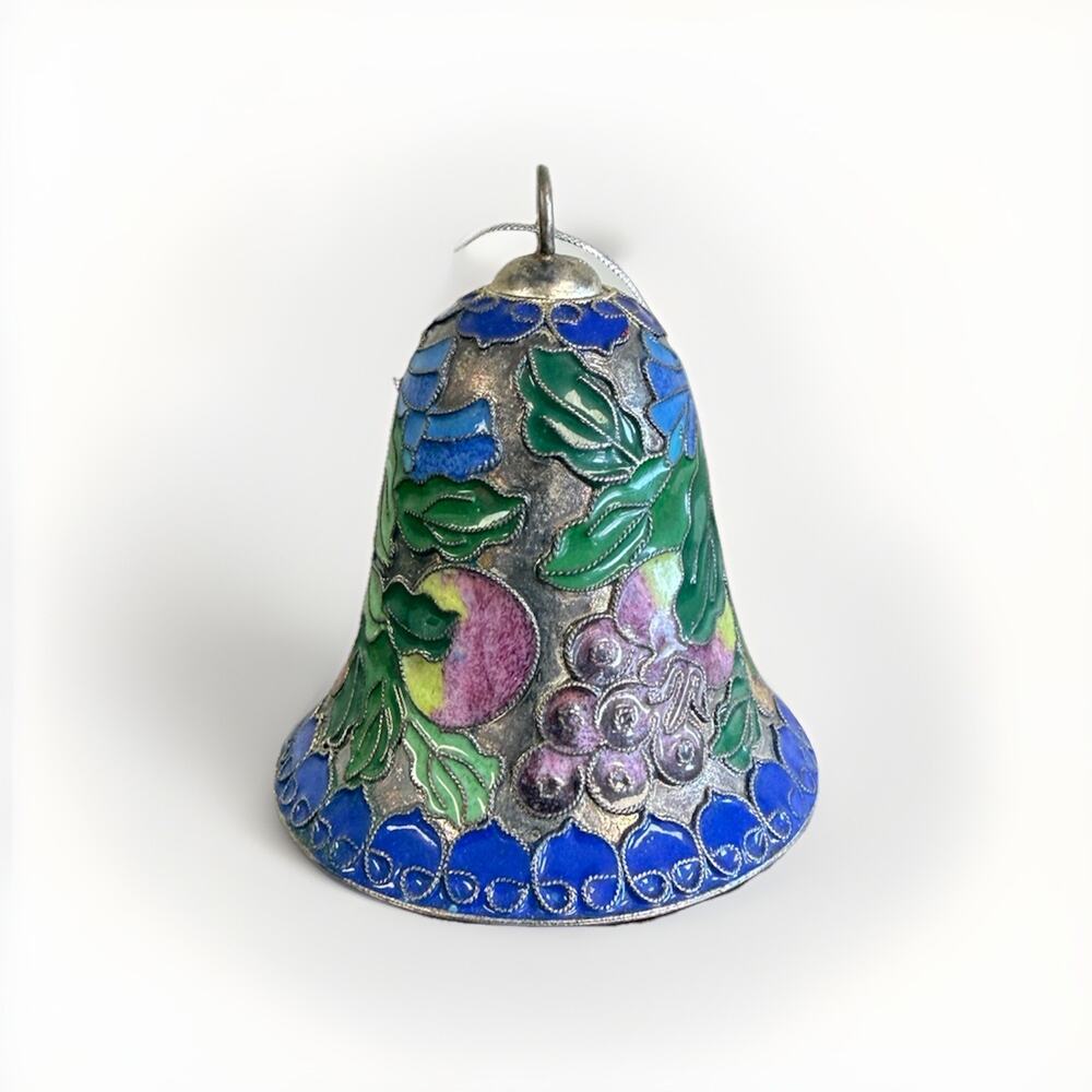 Vintage Cloisonné Bell Christmas Ornament Enameled Flowers Fruit Metal 3.125"